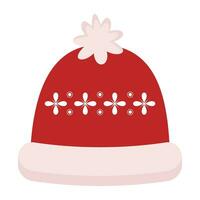 Red winter hat with ornament, knitted winter headdress, warm clothes. vector