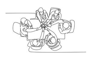 Single one line drawing of top view group of businessmen and businesswomen celebrating their successive goal at business meeting with high five gesture. Continuous line draw design vector illustration