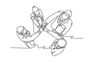 Single one line drawing group of businessmen and businesswomen celebrating their successive goal at the annual meeting with high five gesture. Continuous line draw design graphic vector illustration