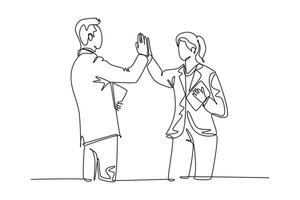 Continuous one line drawing of young happy businessman and businesswoman celebrating their successive goal with high five gesture. Business deal concept. Single line design vector graphic illustration