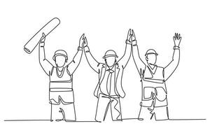 Single continuous line drawing construction worker and foreman celebrate their successive build the building together. Building construction concept. One line draw graphic design vector illustration