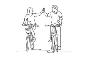 soltero uno línea dibujo joven contento Pareja montando bicicleta románticamente participación manos juntos a al aire libre parque. amor relación concepto. moderno continuo línea dibujar diseño gráfico vector ilustración