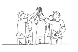 Single continuous line drawing group of man and woman celebrating their successive goal with high five gesture together. Business meeting deal concept. One line draw graphic design vector illustration