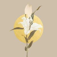 Design in art deco style - lily flower linear drawing with golden metallic outline colored in neutral brown, white, pink and gold foil circle moon. Digital art for print, poster, invitation, postcard. vector