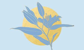 Art deco golden lily flower linear drawing and gold foil circle moon on light blue. Wallpaper design for print, poster, cover, banner, fabric, invitation, postcard vector