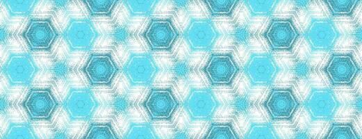 Seamless hexagon pattern, abstract cyan, teal and white textured kaleidoscope ornament. Symmetric geometric winter design with snowflakes for digital paper, textile printing, wallpaper, background. vector