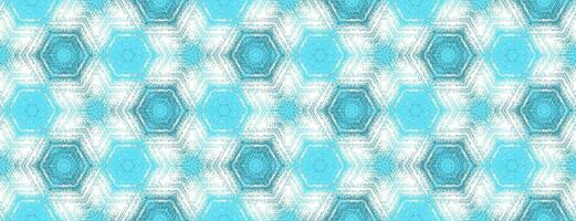 Seamless hexagon pattern, abstract cyan, teal and white textured kaleidoscope ornament. Symmetric geometric winter design with snowflakes for digital paper, textile printing, wallpaper, background. vector