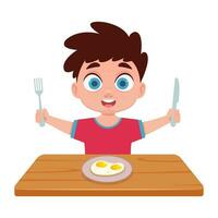 ilustración de un chico teniendo desayuno a el mesa vector