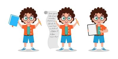 Set of illustrations of a boy with a notebook and a pencil vector