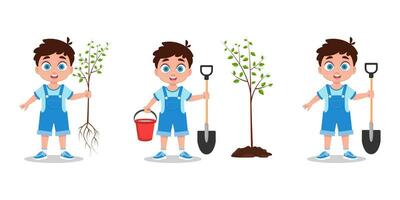 conjunto de ilustraciones de un chico plantando un árbol vector