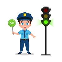 A boy in a police uniform with a sign to go vector