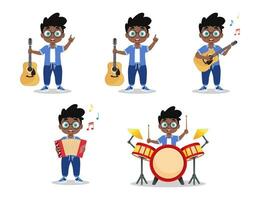 conjunto de ilustraciones de un chico jugando música vector