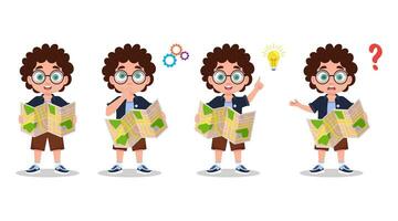 Set of illustrations of a boy with a map vector