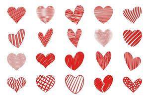 Set of red hearts of different shapes, doodle drawing, hatched vector