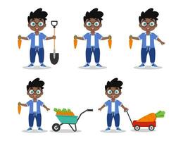 Set of illustrations of boy with carrot harvest vector