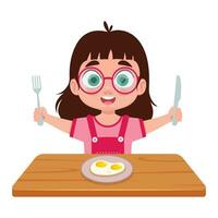 ilustración de un linda niña teniendo desayuno vector