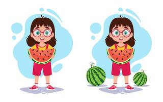 conjunto de ilustraciones de un niña comiendo sandía vector