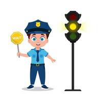 A boy in a police uniform with a wait sign vector
