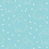 Seamless vector pattern of drawn rabbits, eggs and flowers. Simple blue outline illustration. For fabric, wrapping paper, bedding, wallpaper.