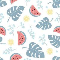 Cute seamless pattern of watermelons, lemons, and flowers vector