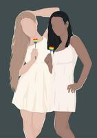 lesbian couple from different ethnic groups holding rainbow hearts. vector flat illustration in support of lgbt for pride month. Human rights. LGBTQ.