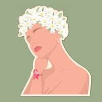 Sticker with a girl in a wreath of flowers with a pink ribbon on her hand. Support for World Breast Cancer Awareness Month in October. Vector illustration.