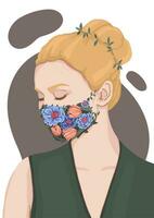 Portrait of a beautiful woman in a floral protective mask. Fairy tale flat vector illustration.