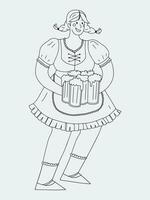 un niña vestido en falda acampanada es participación un lote de tazas de cerveza. negro y blanco vector contorno ilustración para Oktoberfest.