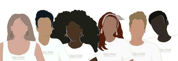 personas de diferente étnico grupos en blanco camisetas con el inscripción vacuna. vamos detener el pandemia juntos. plano moderno ilustración para carteles o pancartas vector