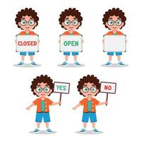 Set of illustrations of a boy holding a sign vector