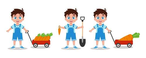 Set of illustrations of boy with carrot harvest vector