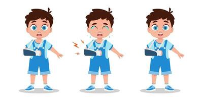 A set of illustrations of a boy with a broken arm vector