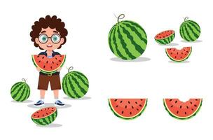 Set of illustrations of a boy eating watermelon vector