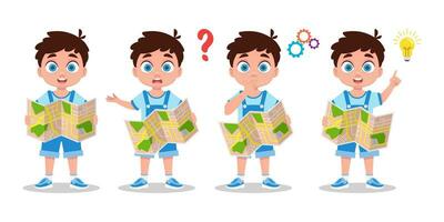 Set of illustrations of a boy with a map vector