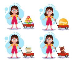 conjunto de ilustraciones de un niña con un rojo carro vector