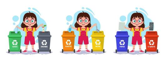 conjunto de ilustraciones de un niña clasificación basura vector