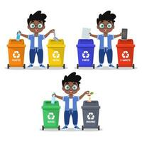 Set of illustrations of a boy sorting garbage vector