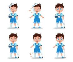 Set of illustrations of a boy with a broken arm, bandaged head, crying in pain and on crutches. vector