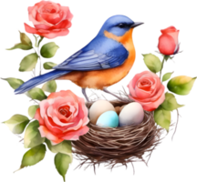 A painting of a Bird hatching eggs in a nest made from flowers. AI-Generated. png