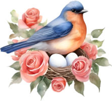 A painting of a Bird hatching eggs in a nest made from flowers. AI-Generated. png