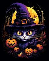 Halloween Witches Scary Hat Cat illustration isolated horror clipart Black Background photo