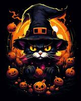 Halloween Witches Scary Hat Cat illustration isolated horror clipart Black Background photo