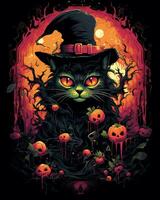 Halloween Witches Scary Hat Cat illustration isolated horror clipart Black Background photo