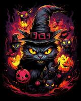 Halloween Witches Scary Hat Cat illustration isolated horror clipart Black Background photo