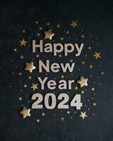 Golden numbers 2024 on a black background. Happy New Year 2024. New Year greeting card photo