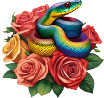 a rainbow snake tangled in a bouquet of roses. AI-Generated. png