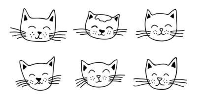 Hand drawn cat muzzle clipart. Cute pet face doodle set vector