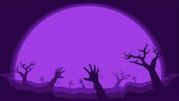 Purple-hued Halloween animation background with zombie hands, crosses on graves, creepy tree branches and trunks, a large full moon, and a copy space area. video