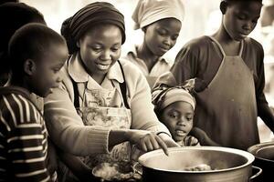 A heartwarming commercial photograph captures a group of caring individuals engaging in a meaningful initiative to support and uplift children in Africa. The image portrays a diverse group. photo