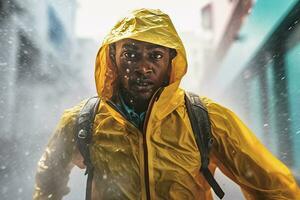 Generative AI man as he navigates through a tropical storm, bravely facing both heavy rain and an incredibly strong wind photo